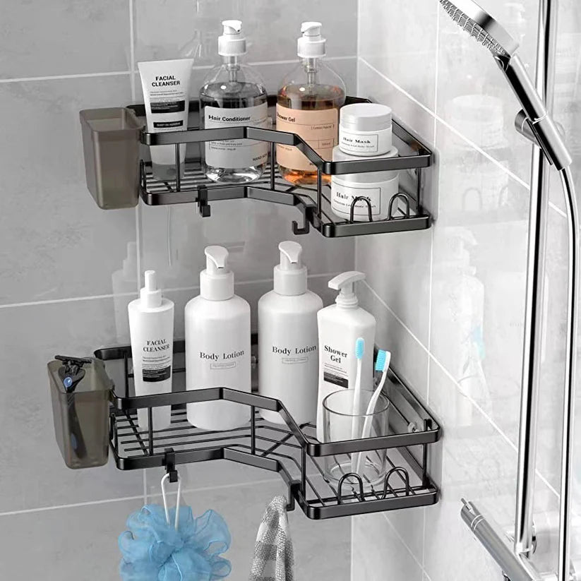 Lot de 3 Paniers de Douche Adhésifs en Métal – Antirouille, Double Niveau, Fixation Murale