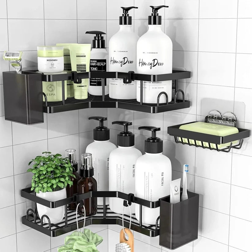 Lot de 3 Paniers de Douche Adhésifs en Métal – Antirouille, Double Niveau, Fixation Murale